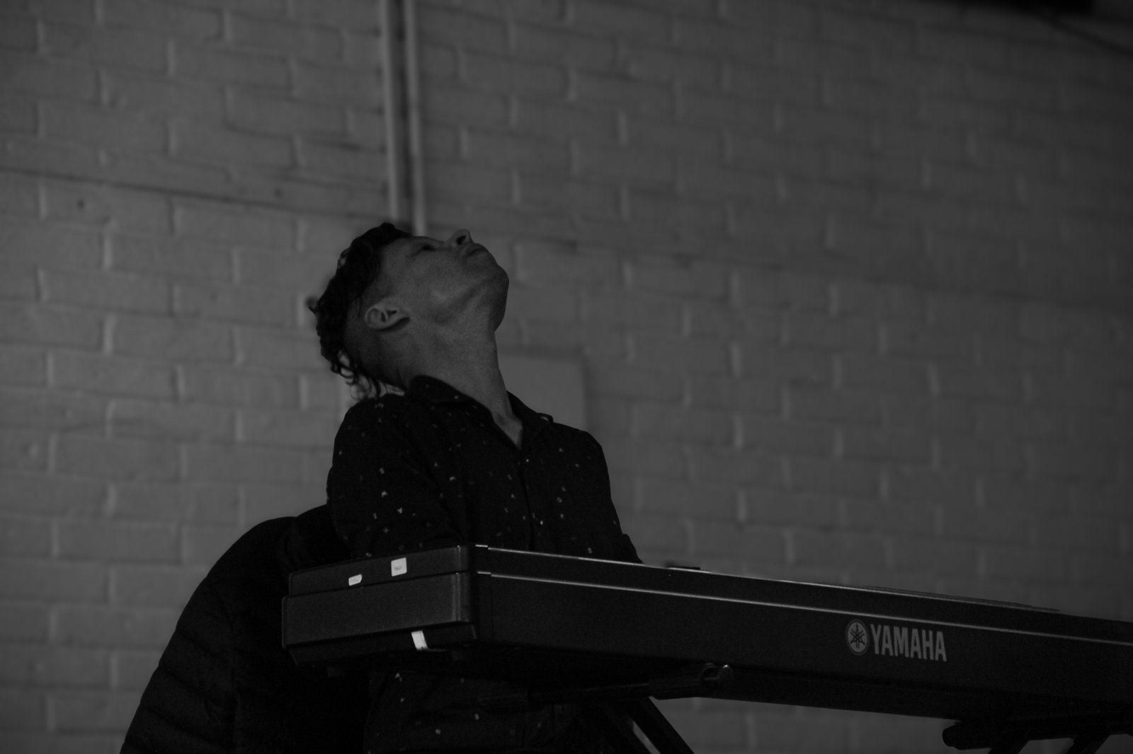 Tecladista en escena en blanco y negro